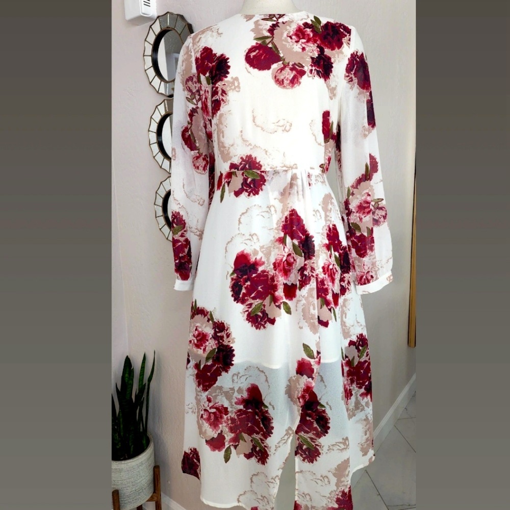 LEITH FLORAL FAUX WRAP LONG SLEEVE DRESS